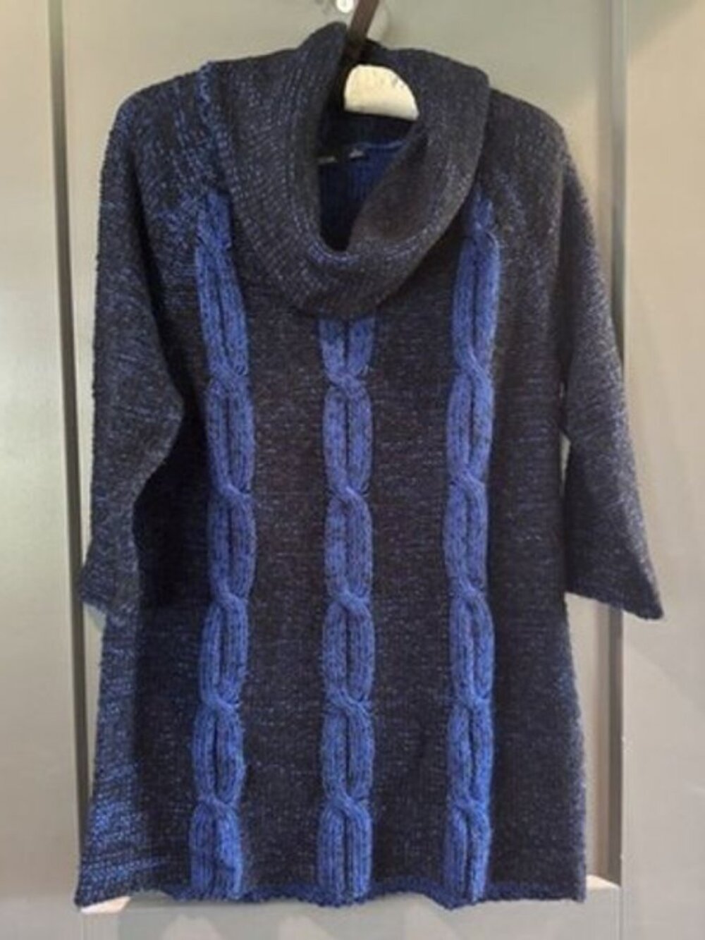 Notations Blue Black Knit Cowl Neck Midi Sweater 3/4 Sleeves Size Large